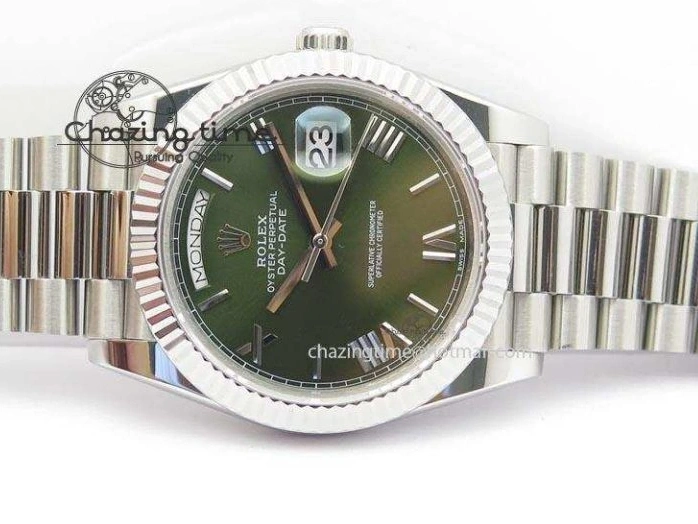 MiroTime 0508 Stretchable DayDate 40mm BP-Maker 228206 SS Green Roman Dial (Fluted Bezel) On SS Bracelet ETA 3904